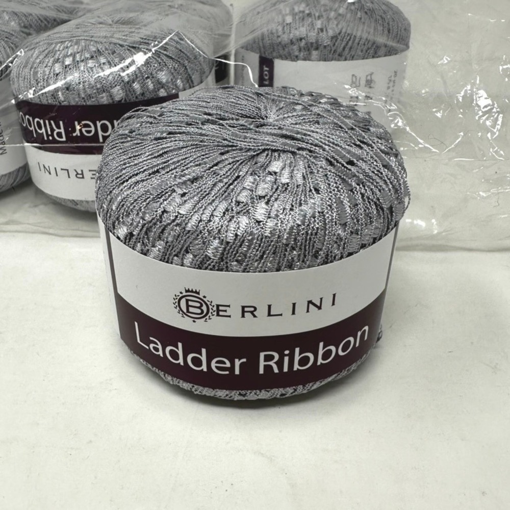 Berlini Ladder Ribbon Yarn Silver 100% Nylon Made in Italy Lot of 10 Skeins 50g